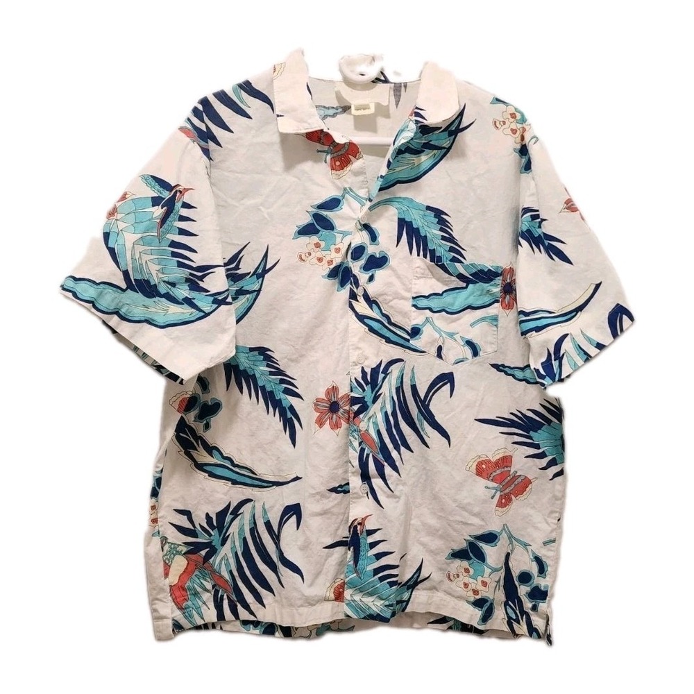 Vtg Generation One Tropical Birds Butterflies Camp Shirt White 100% Cotton Sz XL